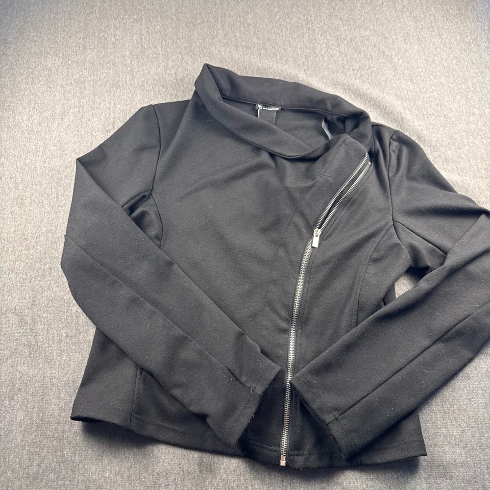 New Directions Womens Black Asymmetric Zip Front Moto Knit Jacket Small